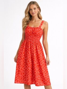 Hudson North Patterned Cotton Midi Dress Red Pink Size Medium